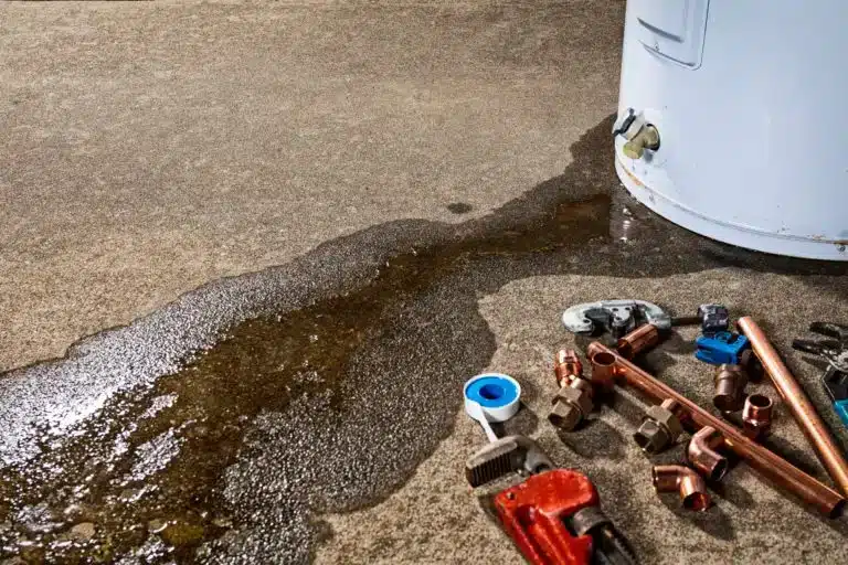 Das Bild zeigt einen Wasserbehälter mit Leckage. Daneben liegen Werkzeug und neue Verbindungsstücke mit Dichtungen für die Reparatur.
