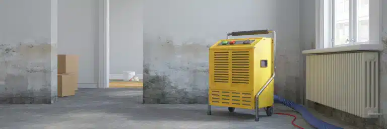 Leergeräumte Räume nach großem Wasserschaden. Alle Wände zeichen deutliche Schäden, ein gelbes Profi-Trocknungsgerät ist aufgestellt und im Einsatz.