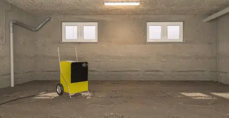 Leergeräumter Raum nach Wasserschaden. Tapeten und Fußboden ist entfernt. Ein gelbes Profi-Trocknungsgerät ist aufgestellt und im Einsatz.